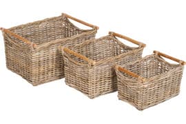 Rektangulære rattan­kurver med trehåndtak 3 stk - Vareprøve